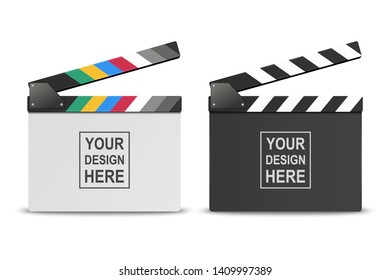 Vector 3d Realistic Opened White and Black Blank Movie Film Clap Board Icon Set Closeup Isolated on White Background. Design Template of Clapperboard, Slapstick, Filmmaking Device. Front View