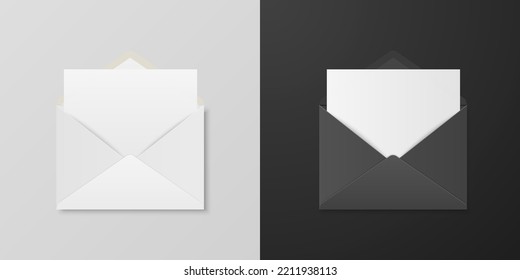 Vector 3d Realistic Opened White and Black Envelope Set. Isolated Envelopes. Blank, Empty Paper Sheet, Invitation, Message, Letter, Document. Design Template for Mockup. Envelope Closeup, Top View