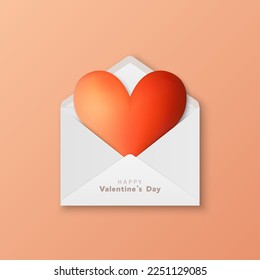 Vector 3d Realistic Opened White Envelope with Red Heart Inside Closeup Isolated. Envelope with Heart Shape Paper Sheet. Invitation, Message, Letter Template. Design Template for Valentines Day Card