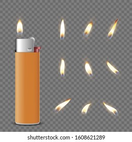 Vector 3d Realistic Orange Blank Cigarette Lighter Icon Closeup Isolated on Transparent Background with Flame Set. Design Template for Advertising, Mockup, Corporate Identity. Front View