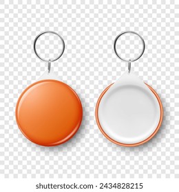 Vector 3d Realista Naranja en blanco redonda insignia del botón con el sostenedor del anillo en primer plano, aislado. Plantilla de diseño de insignia de identificación, maqueta. Plantilla de diseño para pase de acceso, identificación, eventos. Vista frontal, lateral posterior