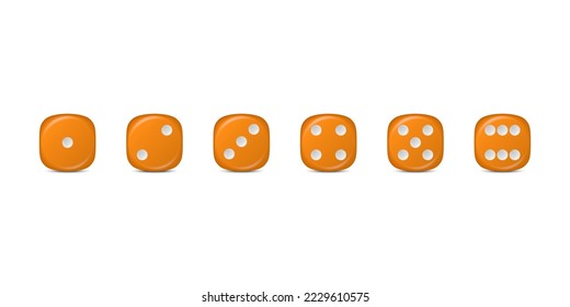 Vector 3d Realistic Orange Game Dice Icon Set Closeup Isolated. Game Cubes for Gambling, Casino Dices From One to Six Dots, Round Edges