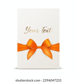 Vector 3d Realistic Orange Gift Ribbon and Bow with White Greeting Card Background. Bow Design Template, Concept for Birthday, Christmas Presents, Gifts, Invitation, Card, Gift Box. Holiday Decoration