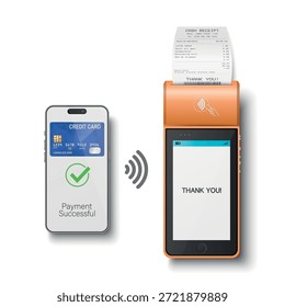 Vetor 3d Realista Laranja NFC Pagamento Terminal com Smartphone Closeup. Pagamento Aprovado e Transação Bem-sucedida. Modelo de Máquina de Pagamento sem Contato, Terminal POS de Transação de Cartão Bancário