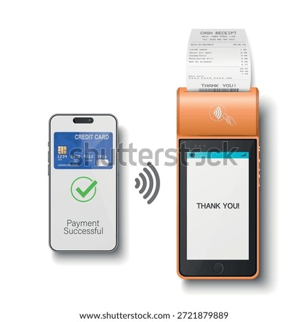 Vector 3d Realistic Orange NFC Payment Terminal with Smartphone Closeup. Approved Payment and Successful Transaction. Contactless Payment Machine Template, Bank Card Transaction POS Terminal