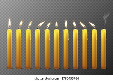 Vector 3d Realistic Orange Paraffin or Wax Burning Candles with Different Flame Icon Set Closeup Isolated on Transparent Background. Design Template, Clipart