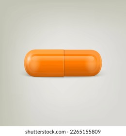 Vector 3d Realistic Orange Pharmaceutical Medical Pill, Capsule, Tablet on White Background. Front View. Copy Space. Medicine, Health Concept