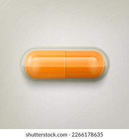 Vector 3d Realistic Orange Pharmaceutical Medical Pill, Capsule, Tablet on White Background. Front View. Copy Space. Medicine, Health Concept