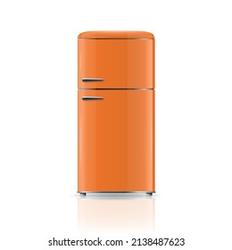 Vector 3d Realistic Orange Retro Vintage Fridge Icon Isolated on White. Vertical Refrigerator. Closed Fridge. Design Template, Mockup of Fridge. Front View