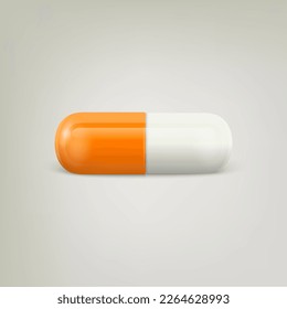 Vector 3d Realistic Orange and White Pharmaceutical Medical Pill, Capsule, Tablet on White Background. Front View. Copy Space. Medicine, Health Concept