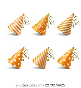 Vector 3d Realistic Orange and White Birthday Party Hat Icon Set Isolated on White Background. Party Cap Design Template for Party Banner, Greeting Card. Holiday Hats, Cone Shape, Front View