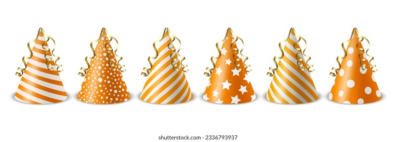 Vector 3d Realistic Orange and White Birthday Party Hat Icon Set Isolated on White Background. Party Cap Design Template for Party Banner, Greeting Card. Holiday Hats, Cone Shape, Front View