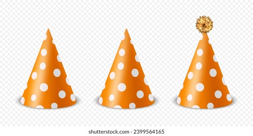 Vector 3d Realistic Orange and White Birthday Party Hat Icon Set Isolated on White Background. Party Cap Design Template for Party Banner, Greeting Card. Holiday Hats, Cone Shape, Front View