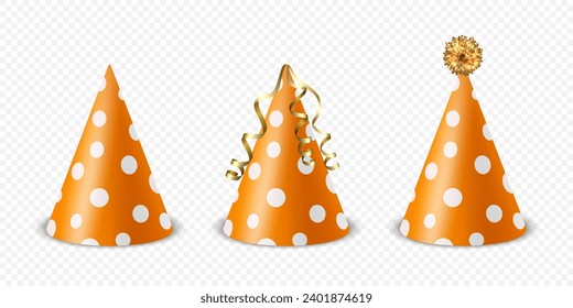 Vector 3d Realistic Orange and White Birthday Party Hat Icon Set Isolated on White Background. Party Cap Design Template for Party Banner, Greeting Card. Holiday Hats, Cone Shape, Front View