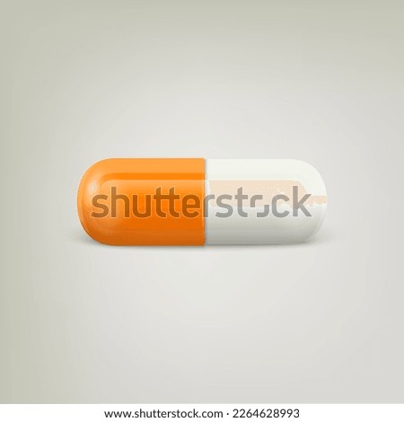 Vector 3d Realistic Orange and White Pharmaceutical Medical Pill, Capsule, Tablet on White Background. Front View. Copy Space. Medicine, Health Concept