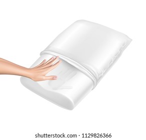 Vector 3d realistic orthopedic pillow from natural latex with memory effect. Hand touches white cozy cushion and leaves the trace. Comfortable bedding with orthopaedic, therapeutic effect