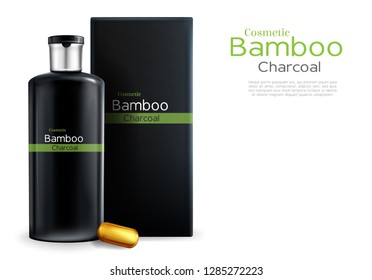 Vector 3d realistic package with shampoo, cosmetics with bamboo and charcoal. Cleansing essence, oil capsule and wrapping for it - branded container. Haircare, hygiene product on a white background