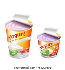 Vector 3D realistic packing for yogurt isolated on white background. Packing template, large and small plastic cup for yogurt with open lid, yellow-orange branded design