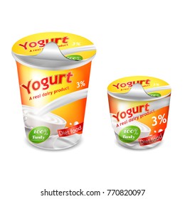 Vector 3D realistic packing for yogurt isolated on white background. Packing template, large and small plastic cup for yogurt with yellow-orange branded design