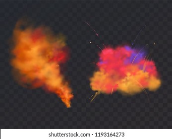 Vector 3d realistic paint powder explosion on transparent background. Symbol of Holi festival, holiday of Hindu spring in India.Dust explode for bright celebration. Pyrotechnics effect, design element