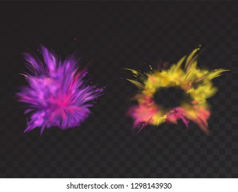 Vector 3d realistic paint powder explosion on a black background. Symbol of Holi festival, the holiday of Hindu spring in India.Dust explode for bright celebration. Pyrotechnics effect, design element