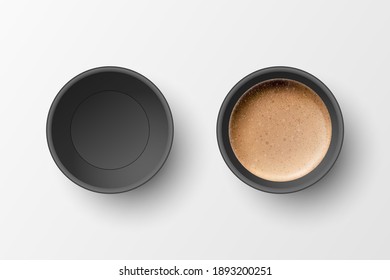 Vector 3d Realistic Paper Black Disposable Empty and with Milk Coffee Cup Set Isolated. Latte, Capuccino Foam. Stock Vector Illustration. Design Template. Top View
