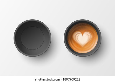 Vector 3d Realistic Paper Black Disposable Empty and with Milk Coffee, Foam, Heart Pattern Cup Set Isolated on White Background. Latte, Capuccino. Stock Vector Illustration. Design Template. Top View