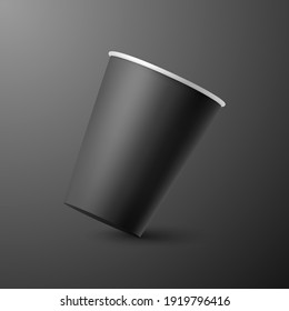 Vector 3d Realistic Paper Black Disposable Falling Coffee or Tea Cup Closeup Isolated on Black Background. Stock Vector Illustration. Design Template for Mockup. Front View