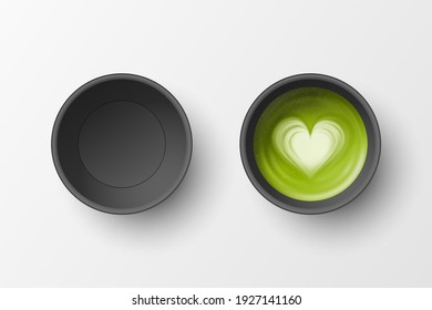 Vector 3d Realistic Paper Black Disposable Cup Set Isolated on White Background. Green Milk Foam Matcha. Stock Vector Illustration. Heart Pattern. Design Template. Top View