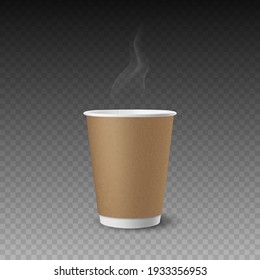 Vector 3d Realistic Paper Brown Textured Disposable Tea, Coffee Cup Isolated. Steam, Smoke. Stock Vector Illustration. Design Template. Front View