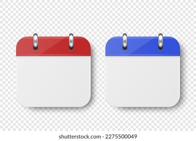 Vector 3d Realistic Paper Classic Simple Minimalistic Red and Blue Calendar Icon Set Closeup Isolated on White Background. Design Template for Holiday Card, Banner, Wall Calendar