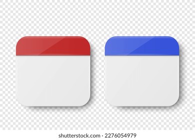 Vector 3d Realistic Paper Classic Simple Minimalistic Red and Blue Calendar Icon Set Closeup Isolated on White Background. Design Template for Holiday Card, Banner, Wall Calendar