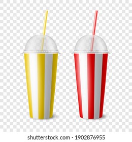 Vector 3d Realistic Paper Disposable Cup Set for Beverage, Drinks Isolated. Yellow, Red, White Stripes. Coffee, Soda, Tea, Cocktail, Milkshake. Design Template of Packaging for Mockup. Front View