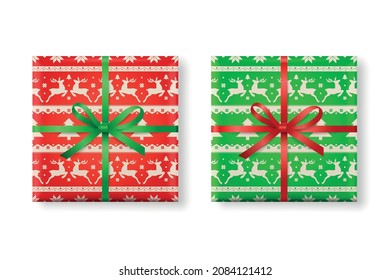 Vector 3d Realistic Paper Green, Red Christmas Gift Box, Bow Icon Set. Christmas Pattern. New Year, Christmas Concept. Design Template of Christmas Present Packing. Top View