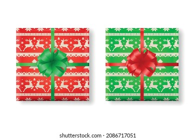 Vector 3d Papel Realista Verde, Caja de Regalos de Navidad Rojo, Juego de Iconos de Bow. Patrón de Navidad. Año Nuevo, concepto de Navidad. Plantilla de diseño de empaquetado actual de Navidad. Vista superior