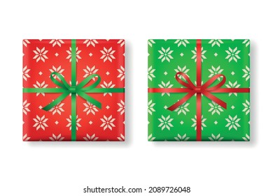Vector 3d Realistic Paper Green, Red Christmas Gift Box, Bow Icon Set. Christmas Pattern. New Year, Christmas Concept. Design Template of Christmas Present Packing. Top View