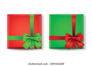 Vector 3d Realistic Paper Green and Red Christmas Gift Box, Bow Icon Set Isolated. New Year, Christmas, Valentine Day or Anniversary Concept. Design Template of Christmas Present Packing. Top View