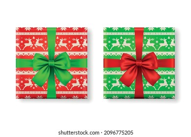 Vector 3d Realistic Paper Green, Red Christmas Gift Box, Bow Icon Set. Christmas Pattern. New Year, Christmas Concept. Design Template of Christmas Present Packing. Top View