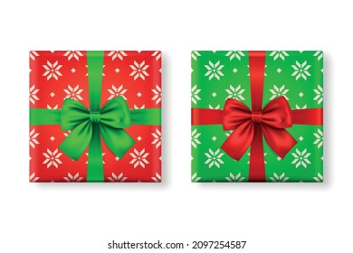 Vector 3d Realistic Paper Green, Red Christmas Gift Box, Bow Icon Set. Christmas Pattern. New Year, Christmas Concept. Design Template of Christmas Present Packing. Top View