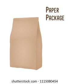 Vector 3d realistic paper package - sachet, mock up for groceries, retail. Folded box, kraft container for coffee, flour isolated on white background.