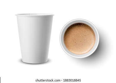 Vector 3d Realistic Paper or Plastic White Disposable Coffee Cup with Milk Coffee Set Isolated. Capuccino, Latte. Vector illustration. Design Template for Mockup. Top, Front View