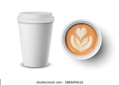 White cup of coffee, top and side view, cappuccino, latte from