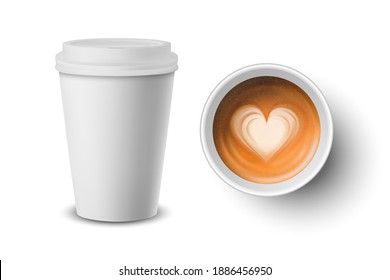Vector 3d Realistic Paper, Plastic White Disposable Coffee Cup, Lid. Milk Coffee, Heart Pattern Set Isolated. Capuccino, Latte. Vector Illustration. Design Template, Mockup. Top, Front View