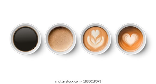 Vector 3d Realistic Paper White Disposable Coffee Cup, Milk Coffee and Foam Set Isolated on White. Espresso, Capuccino, Latte. Flower and Heart Pattern. Vector illustration. Design Template. Top View