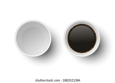 Vector 3d Realistic Paper White Disposable Empty and with Coffee Cup Set Isolated on White. Espresso, Mocha, Macchiato. Stock Vector Illustration. Design Template. Top View