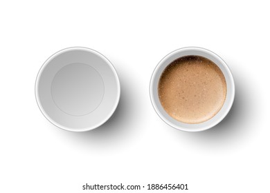 Vector 3d Realistic Paper White Disposable Empty and with Milk Coffee, Foam Cup Set Isolated. Espresso, Mocha, Macchiato, Latte, Capuccino. Stock Vector Illustration. Design Template. Top View