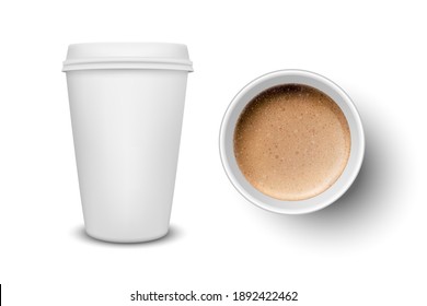 Vector 3d Realistic Paper White Disposable Cup with Milk Coffee and Foam Set Isolated. Latte or Cappuccino Stock Vector Illustration. Design Template. Top and Front View