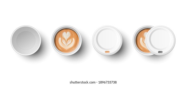 Vector 3d Realistic Paper White Disposable Empty and with Milk Coffee Cup with Lid Set Isolated. Latte, Capuccino. Foam, Flower, Heart Pattern. Stock Vector Illustration. Design Template. Top View