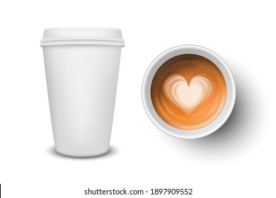 Vector 3d Realistic Paper White Disposable Cup Set Isolated with Milk Coffee, Foam, Heart Pattern. Isolated. Latte, Capuccino. Stock Vector Illustration. Design Template. Top and Front View