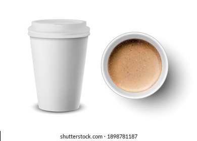 Vector 3d Realistic Paper White Disposable Cup Set Isolated with Milk Coffee Foam Isolated on White Background. Latte, Capuccino. Stock Vector Illustration. Design Template. Top and Front View